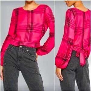 Wild Fable hot Pink & Black Plaid Tie Back crop Top balloon long sleeve blouse S